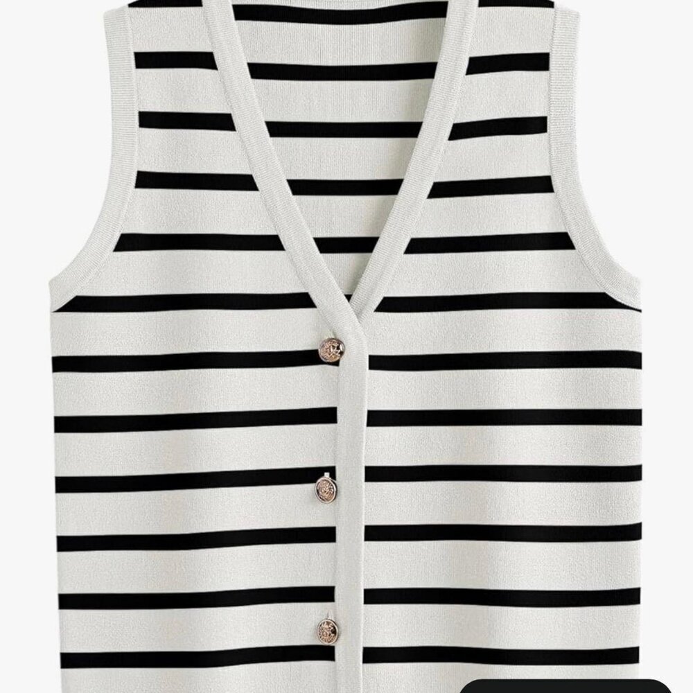 LILLUSORY Black & White Striped Knit Vest – Gold Buttons | Size XL | New